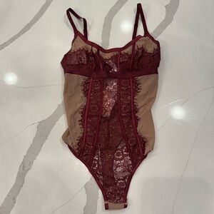 Cosabella Burgundy and Nude Lace Bodysuit